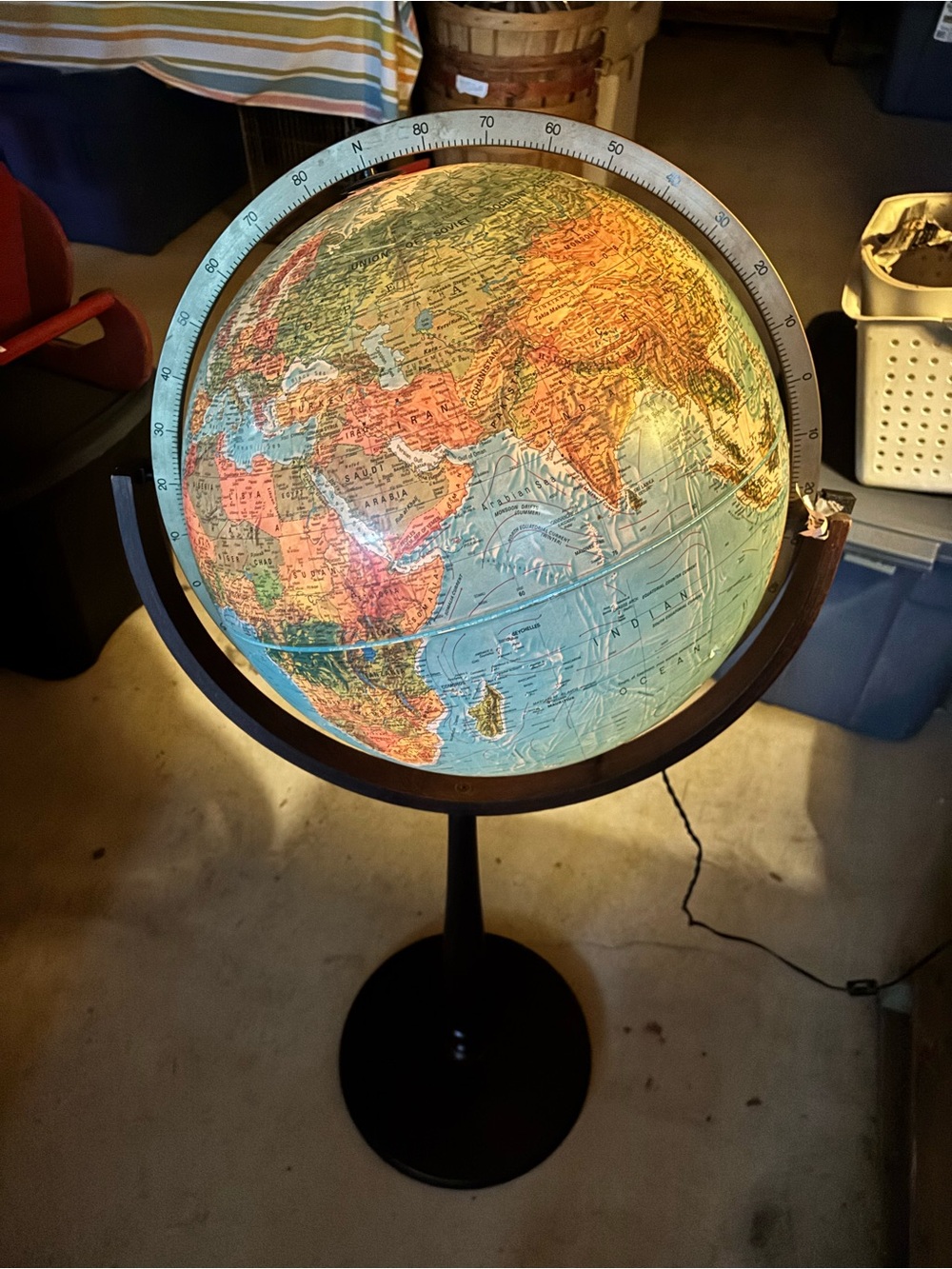 Vintage-Style Illuminated Floor Globe in Blue and Tan